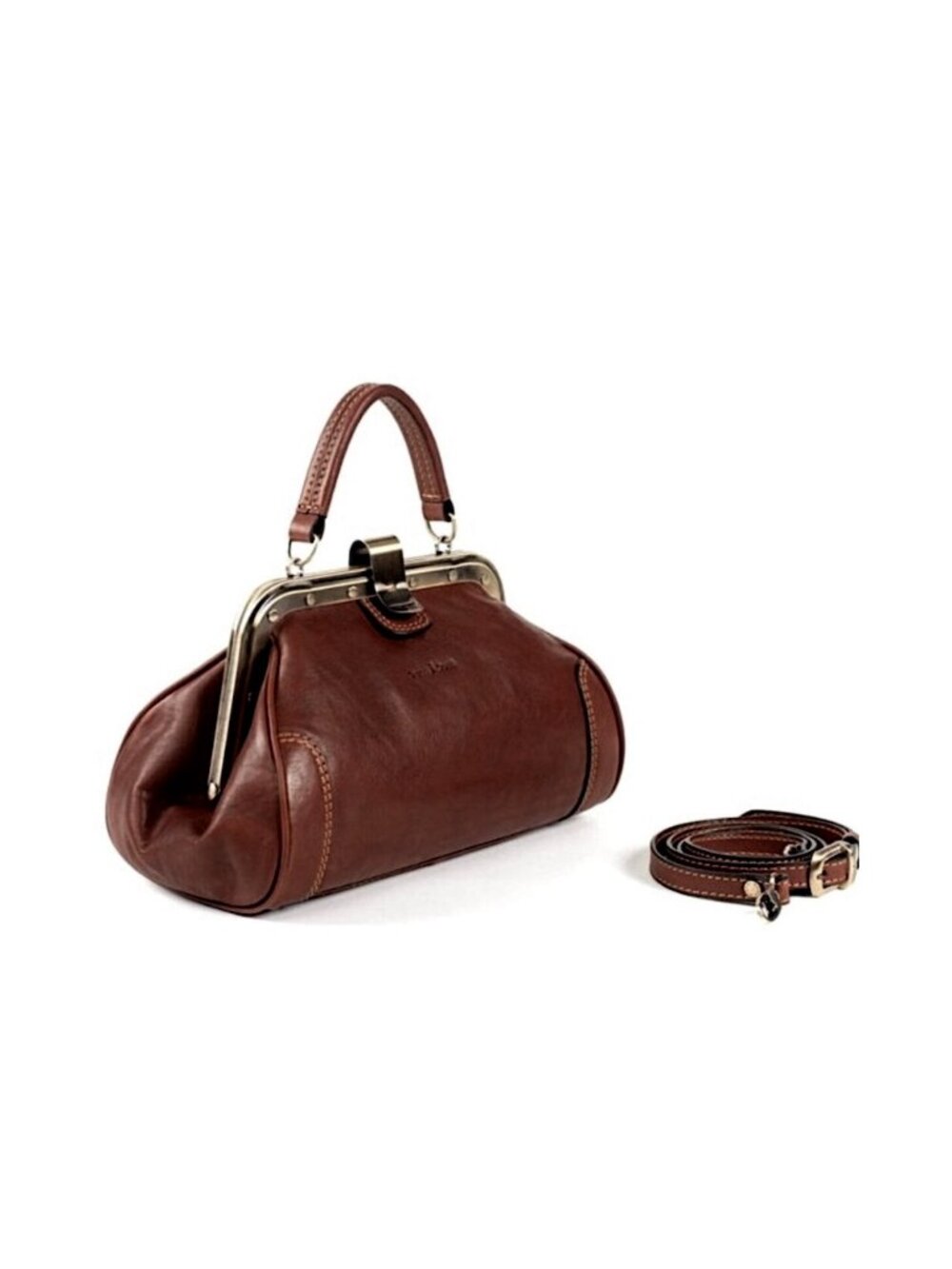 Leather Kiss-Lock Crossbody Bag in Brown